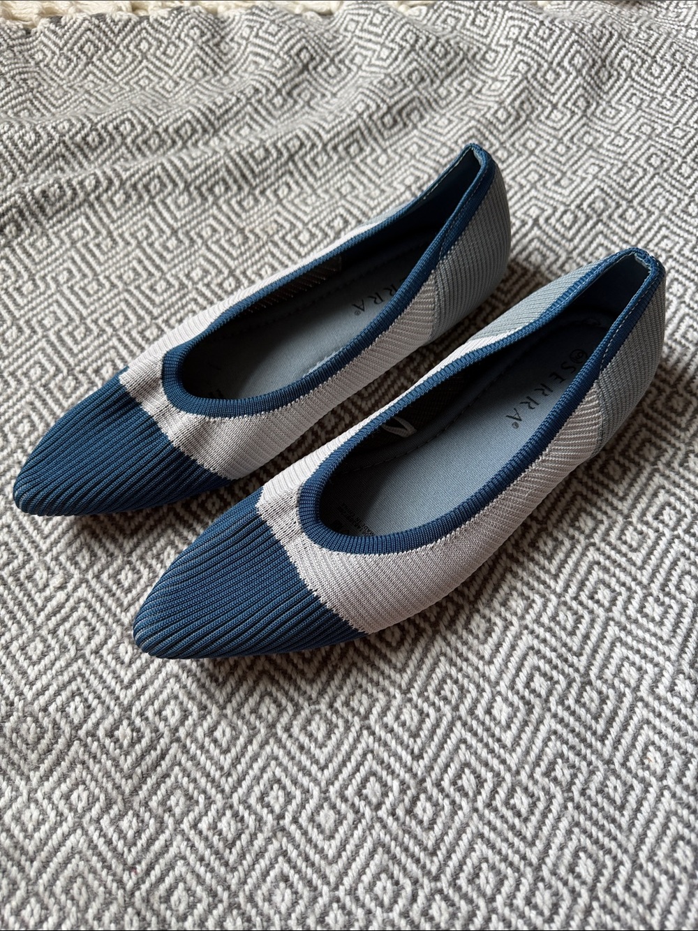 Serra Pointed Knit Ballet Flats in Blue and Light Grey